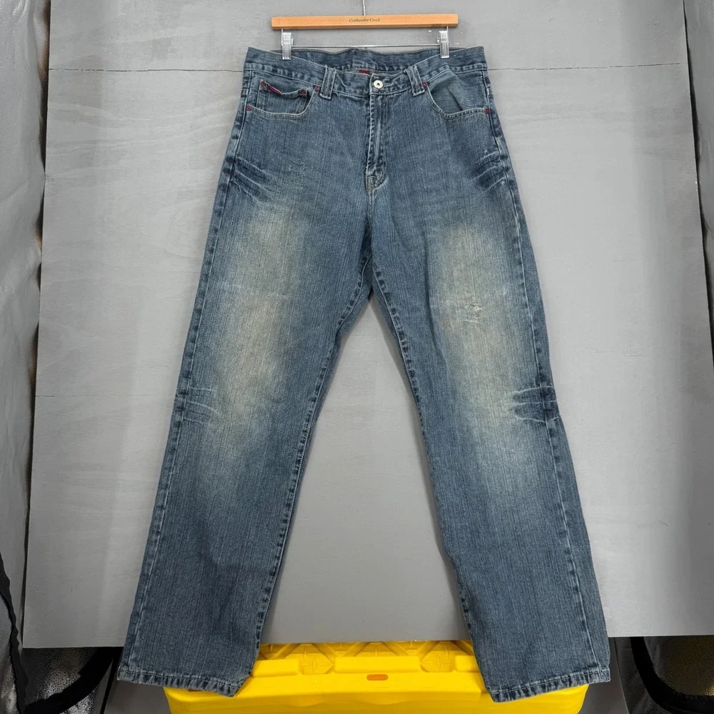 Y2K Platinum FUBU Jeans Blue Embroidered Baggy Faded Denim 36 x 33